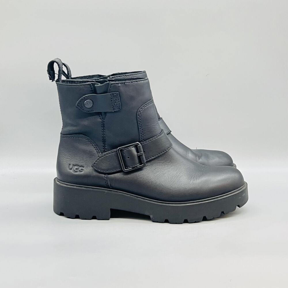 UGG Boots Womens 9 Black Leather Biker Ankle Buckle Zip Lug Sole Booties Shoes